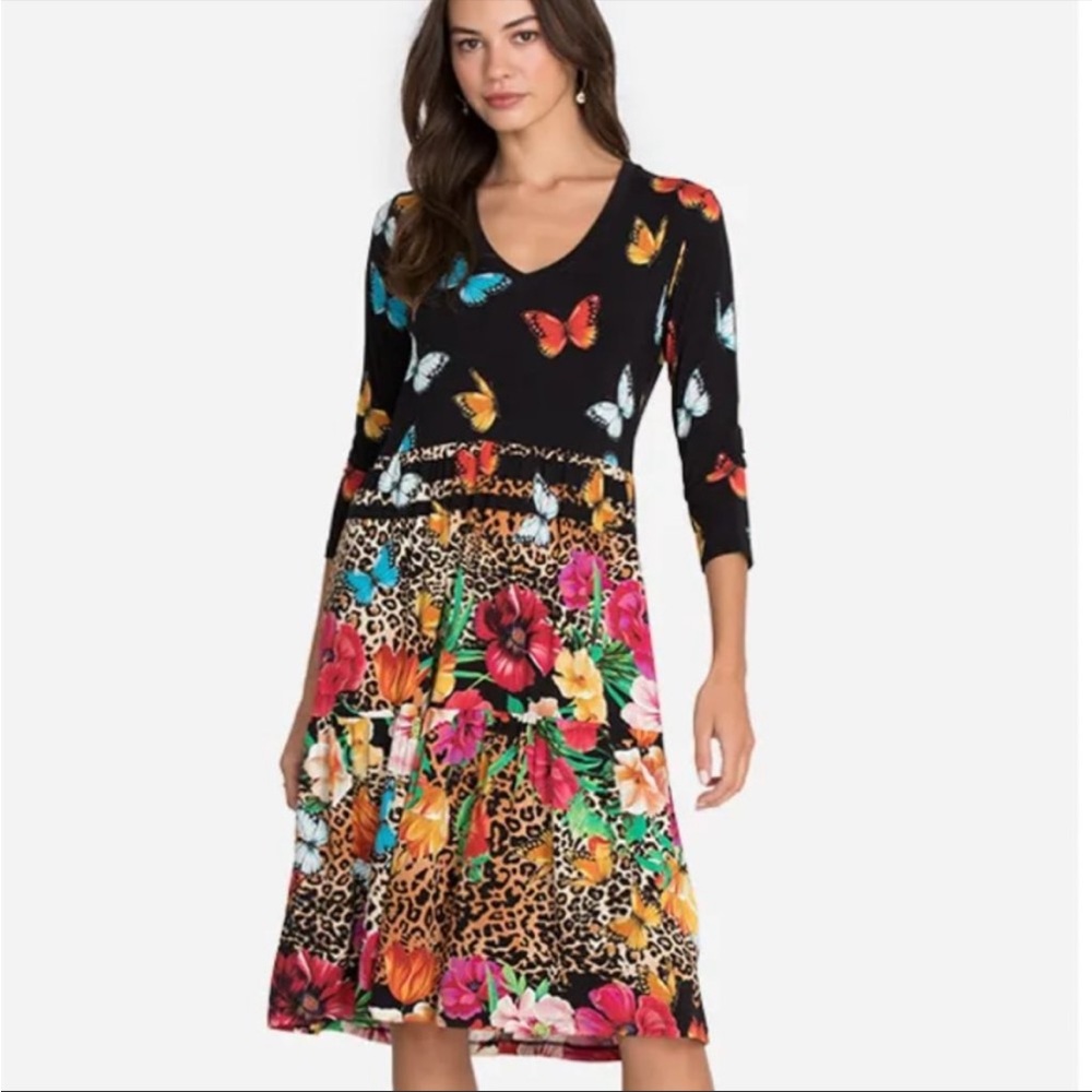 Johnny Was Sandra 3/4 Sleeve Tiered Dress Floral Butterfly Print